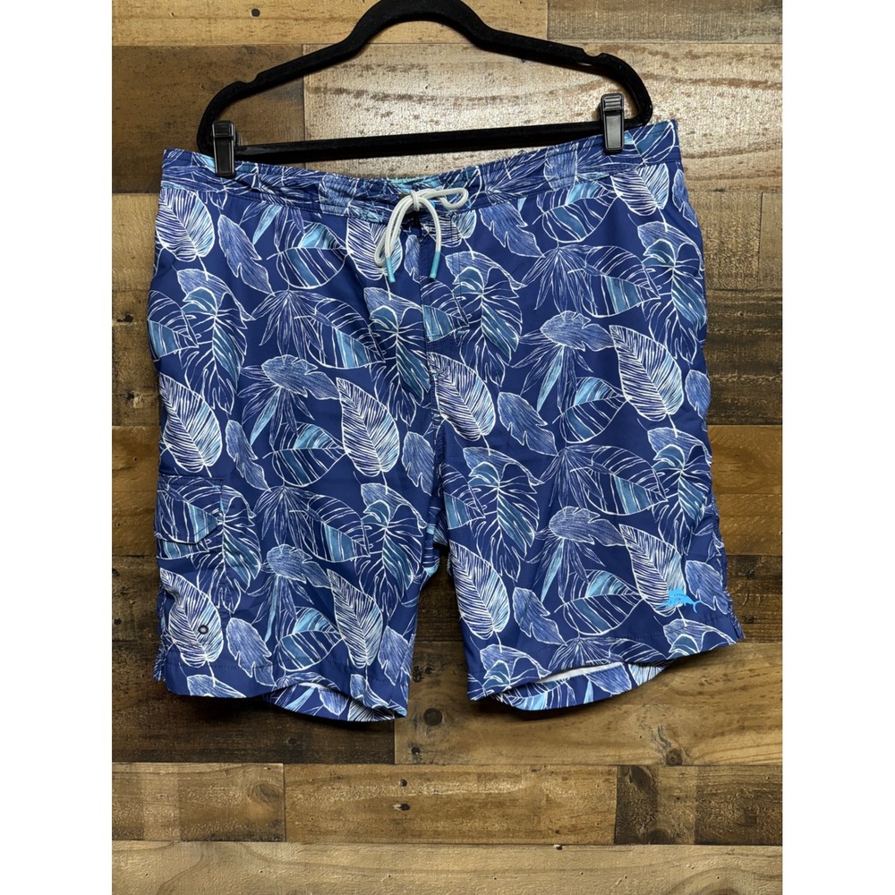 Tommy Bahama Mens XXL Blue Tropical Leaf Print Swim Trunks Mesh Lined 8in Inseam